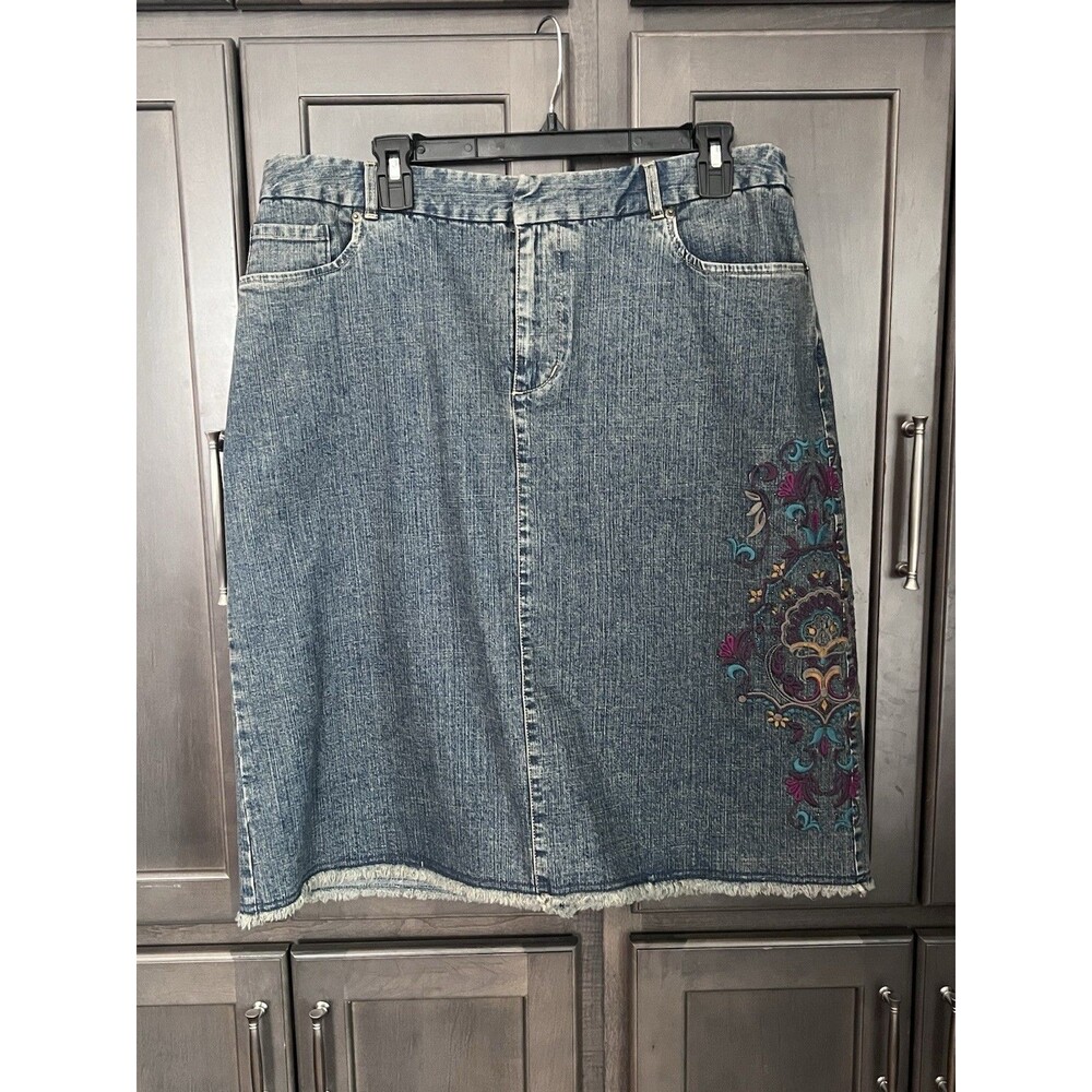 Kate Hill Denim Embroidered Midi Skirt Blue Women’s 16W Boho Y2K